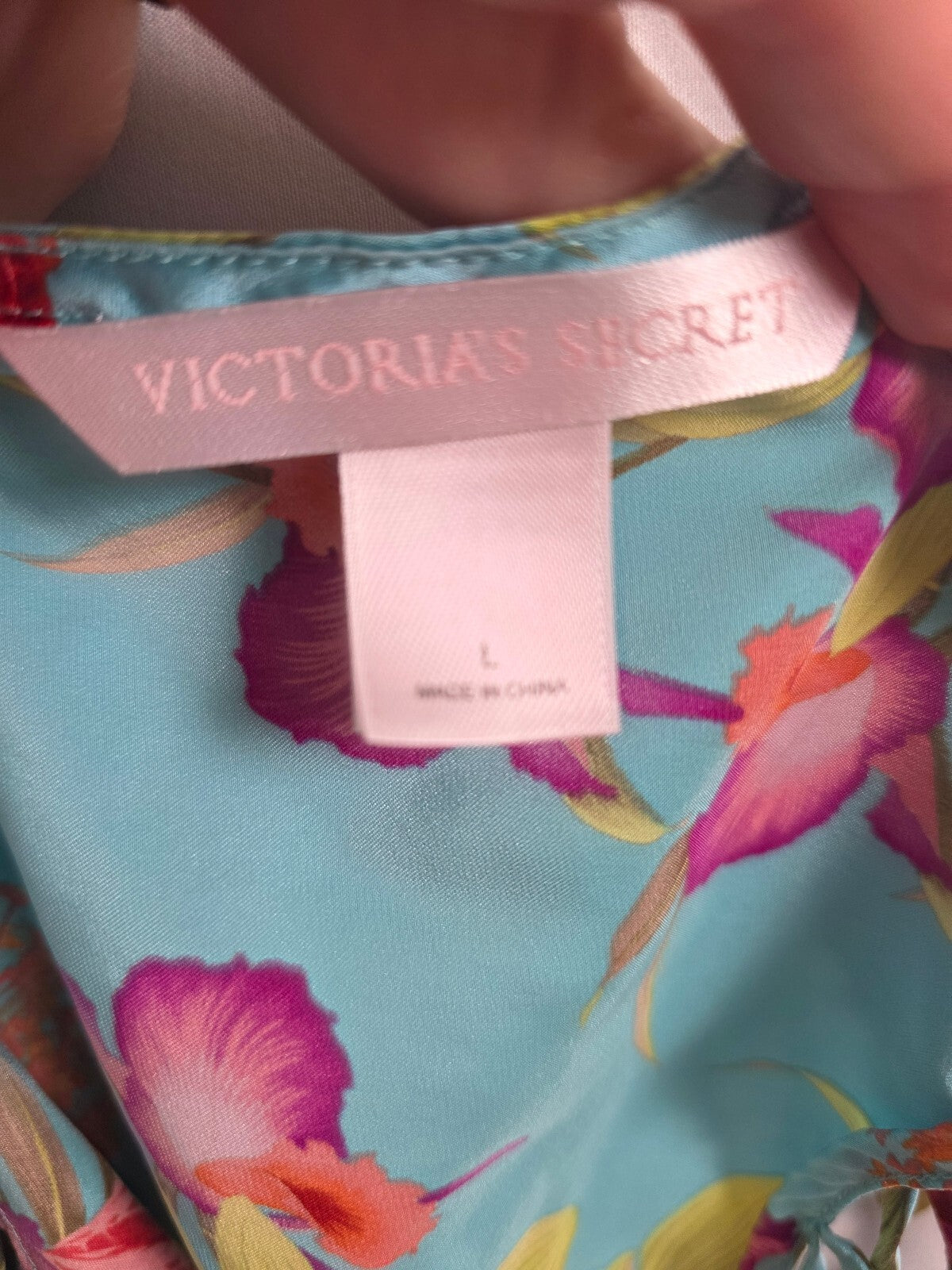 Vintage Victoria's Secret 100% Silk Slip Dress L Blue Tropical Floral Lace Up