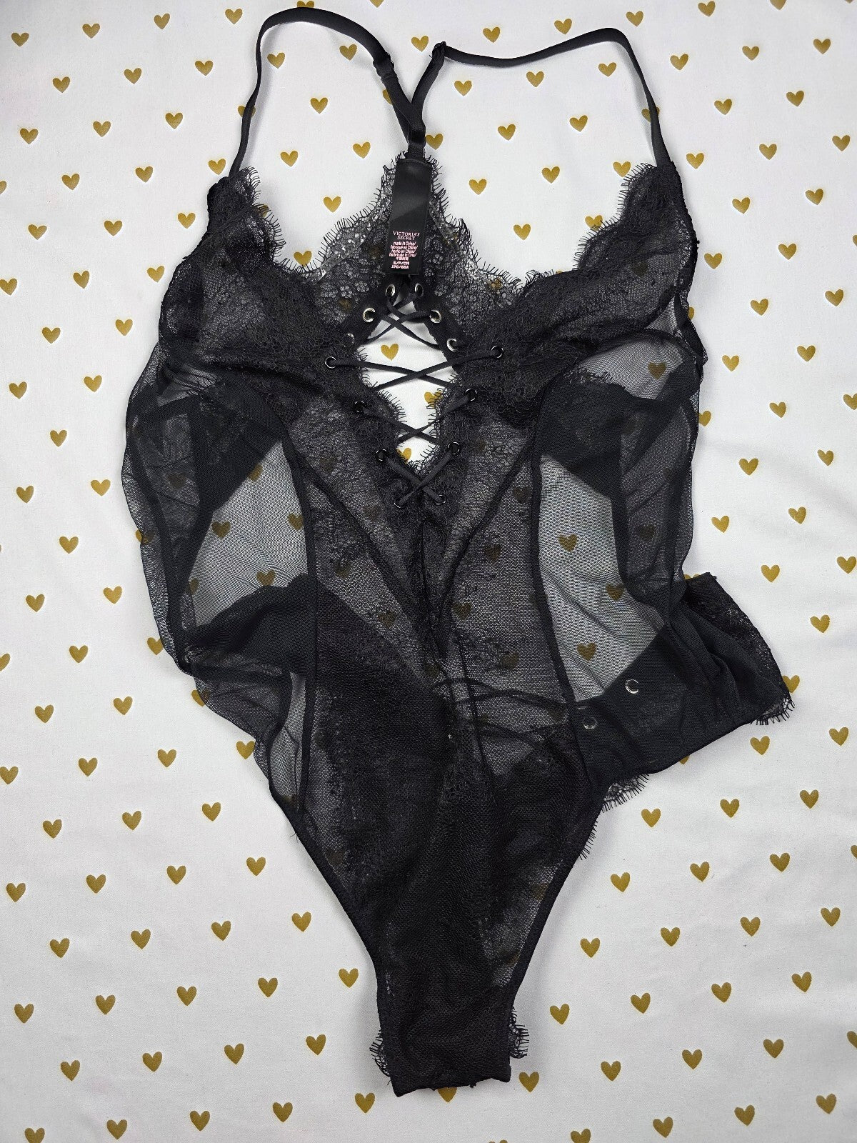 Victorias Secret Black Lace Strappy Sheer Teddy Nightie Bodysuit Small Snap