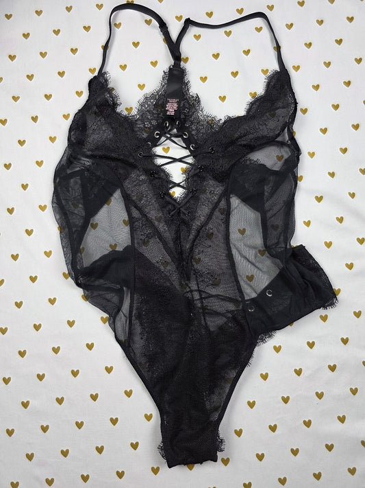 Victorias Secret Black Lace Strappy Sheer Teddy Nightie Bodysuit Small Snap
