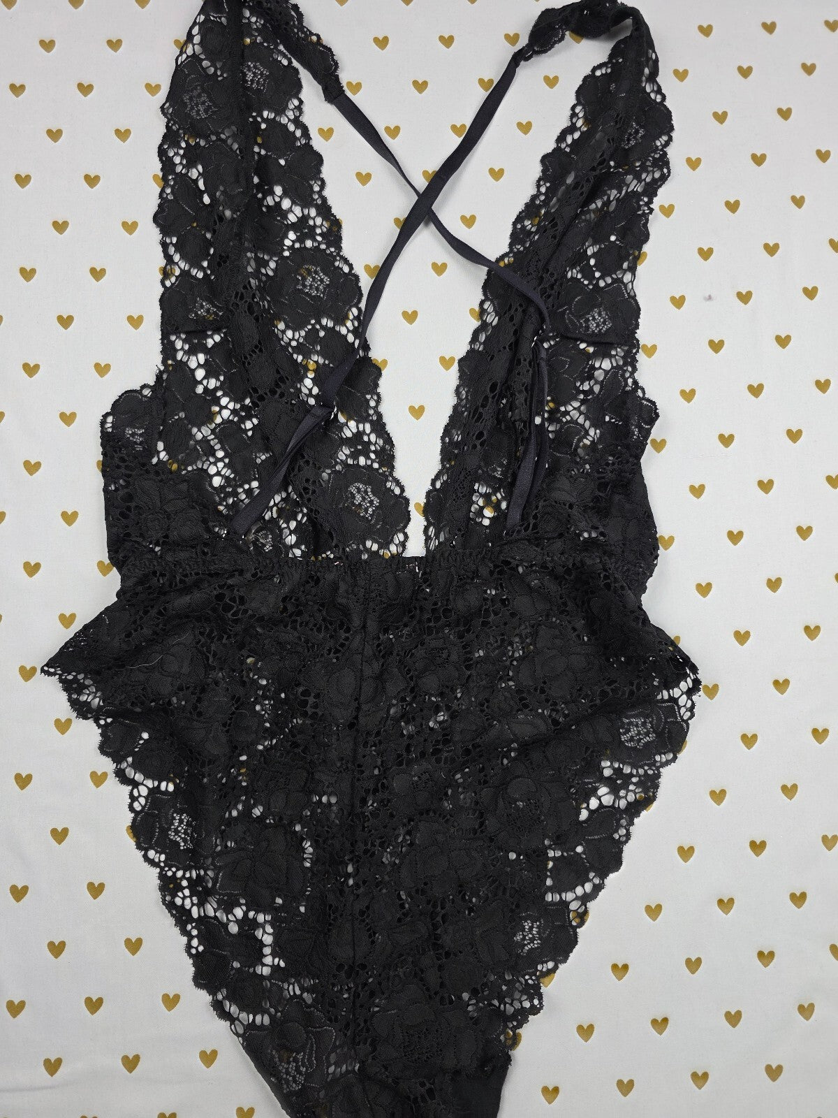 Victorias Secret Lace Sexy Strappy Teddy Bodysuit Lingerie Black LARGE