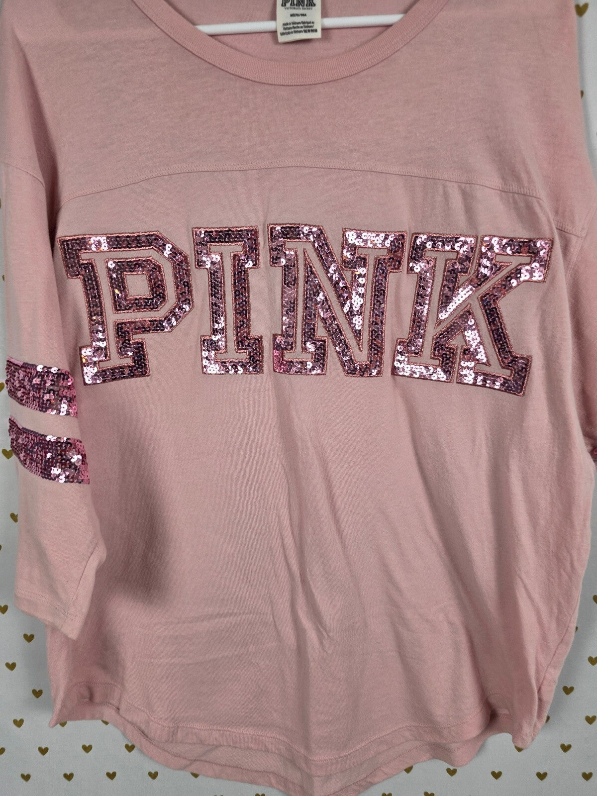 Victorias Secret PINK Bling Logo Sequined Quarter Sleeve Tee shirt Medium Oversz