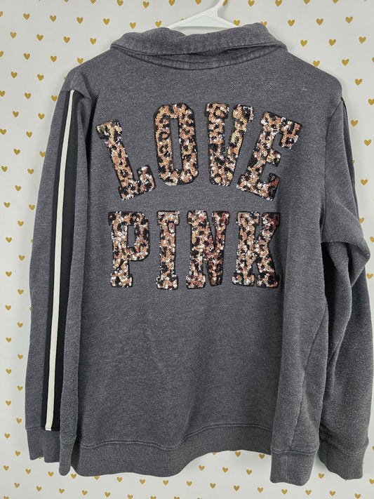 Victorias Secret Pink Leopard Cheetah Sequined Bling Quarter Zip Sweater Grey L