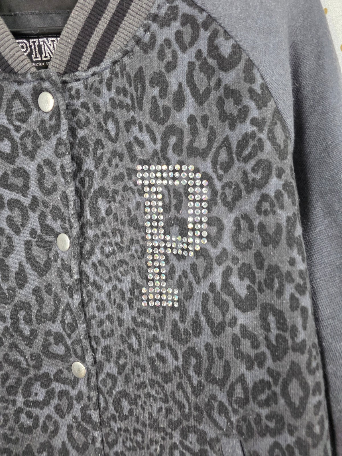 Victorias Secret Pink BLING CHEETAH LEOPARD Logo Varsity Bomber LARGE
