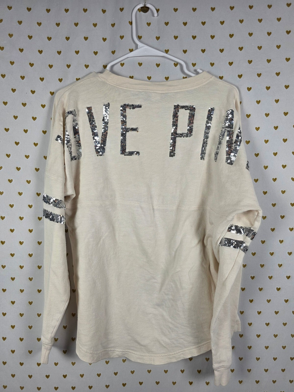 Victorias Secret PINK Cream Love Sequined Bling Sweater Shirt Small