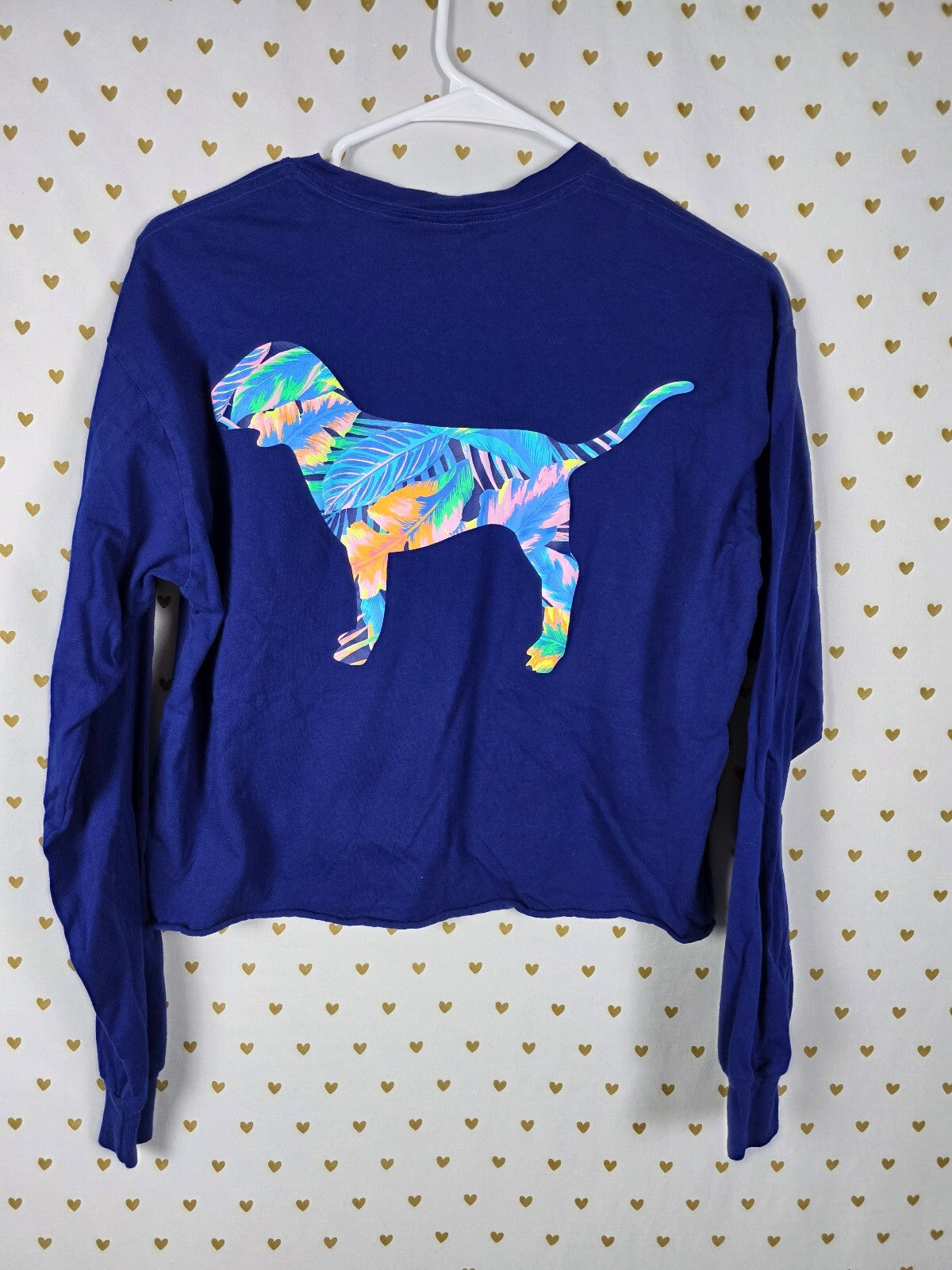 Victorias Secret PINK Floral Neon Dog Logo Cropped Long Sleeve Tee Shirt SMALL