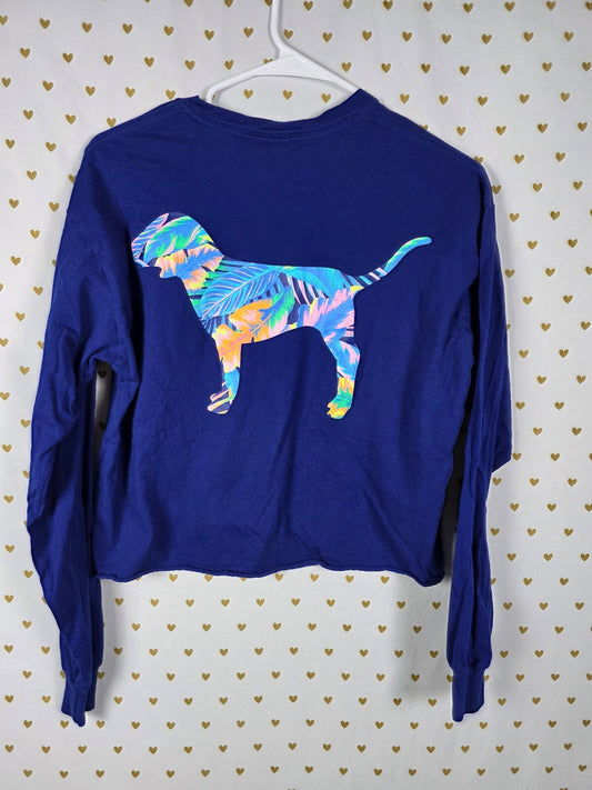 Victorias Secret PINK Floral Neon Dog Logo Cropped Long Sleeve Tee Shirt SMALL