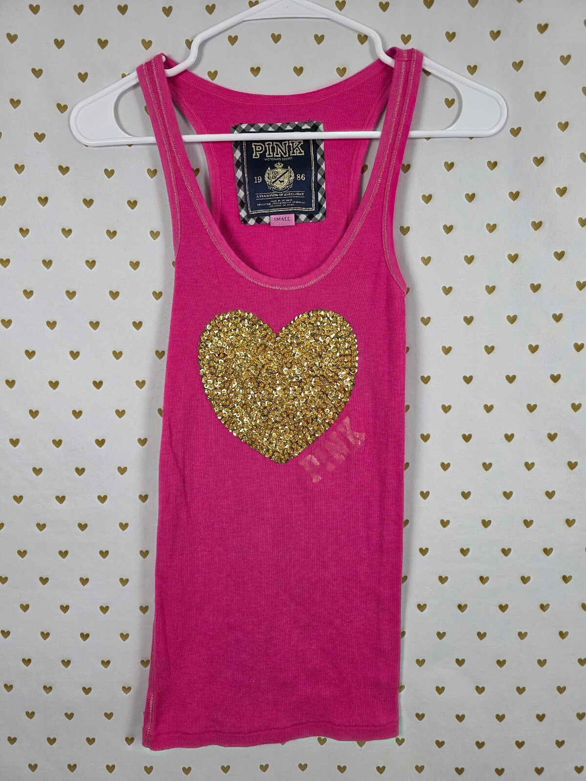 Vintage 2008 Victoria's Secret PINK Tank Top Gold Sequin Heart Bling Y2K S