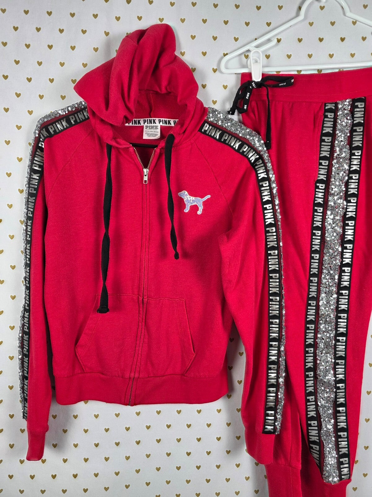 Victorias Secret Pink BLING DOG Mermaid Sequin SET Hoodie Sweats Red XS