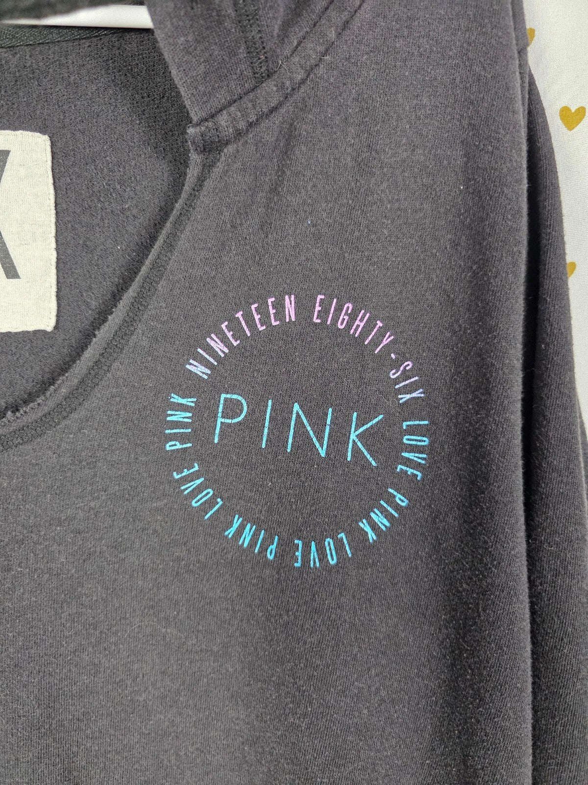 Victorias Secret Pink Pullover V neck hoodie tee shirt Logo Thin Black LARGE