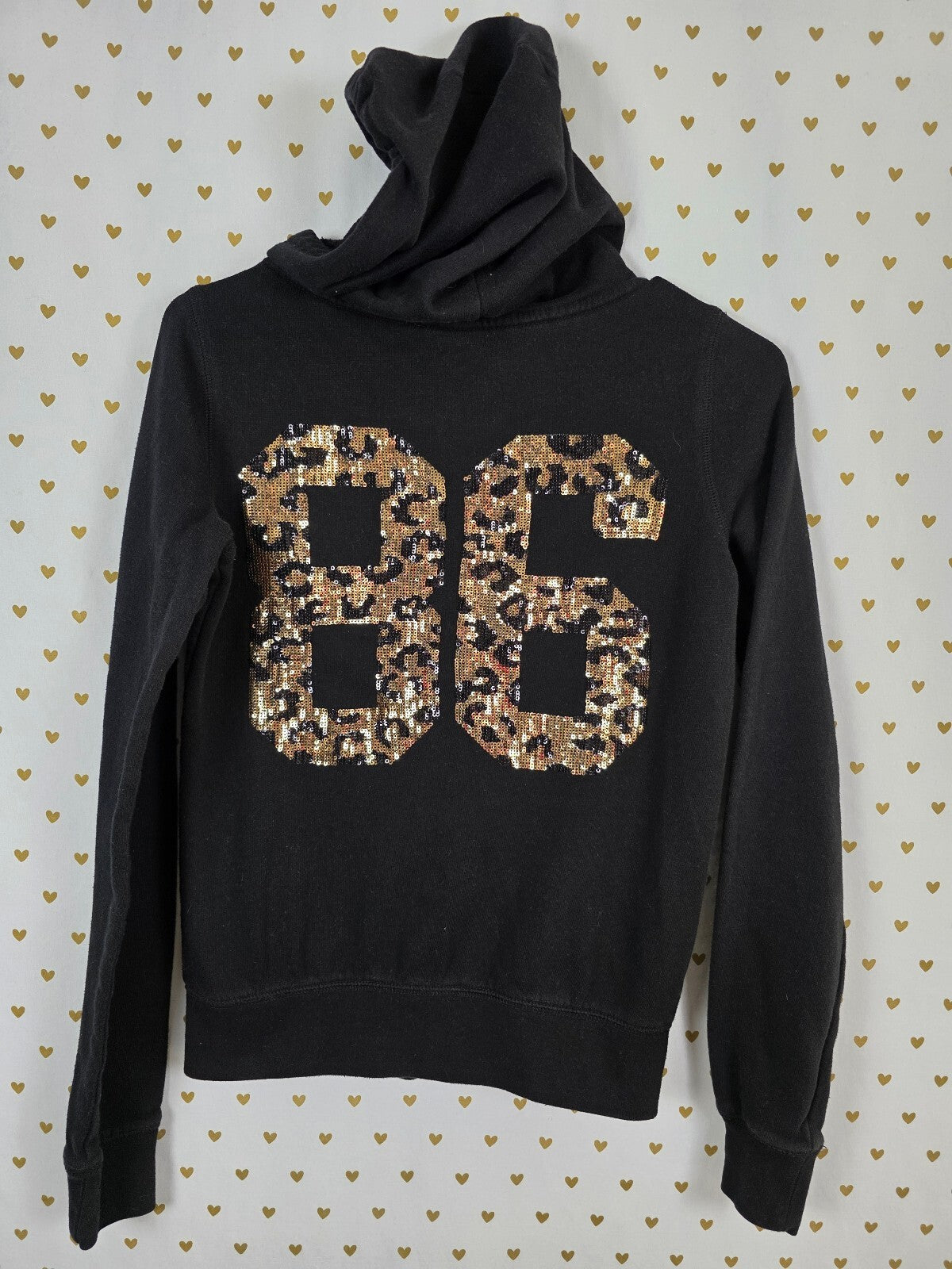 Victoria's Secret PINK Vintage Black Gold LOVE PINK Leopard Sequin 86 Hoodie XS