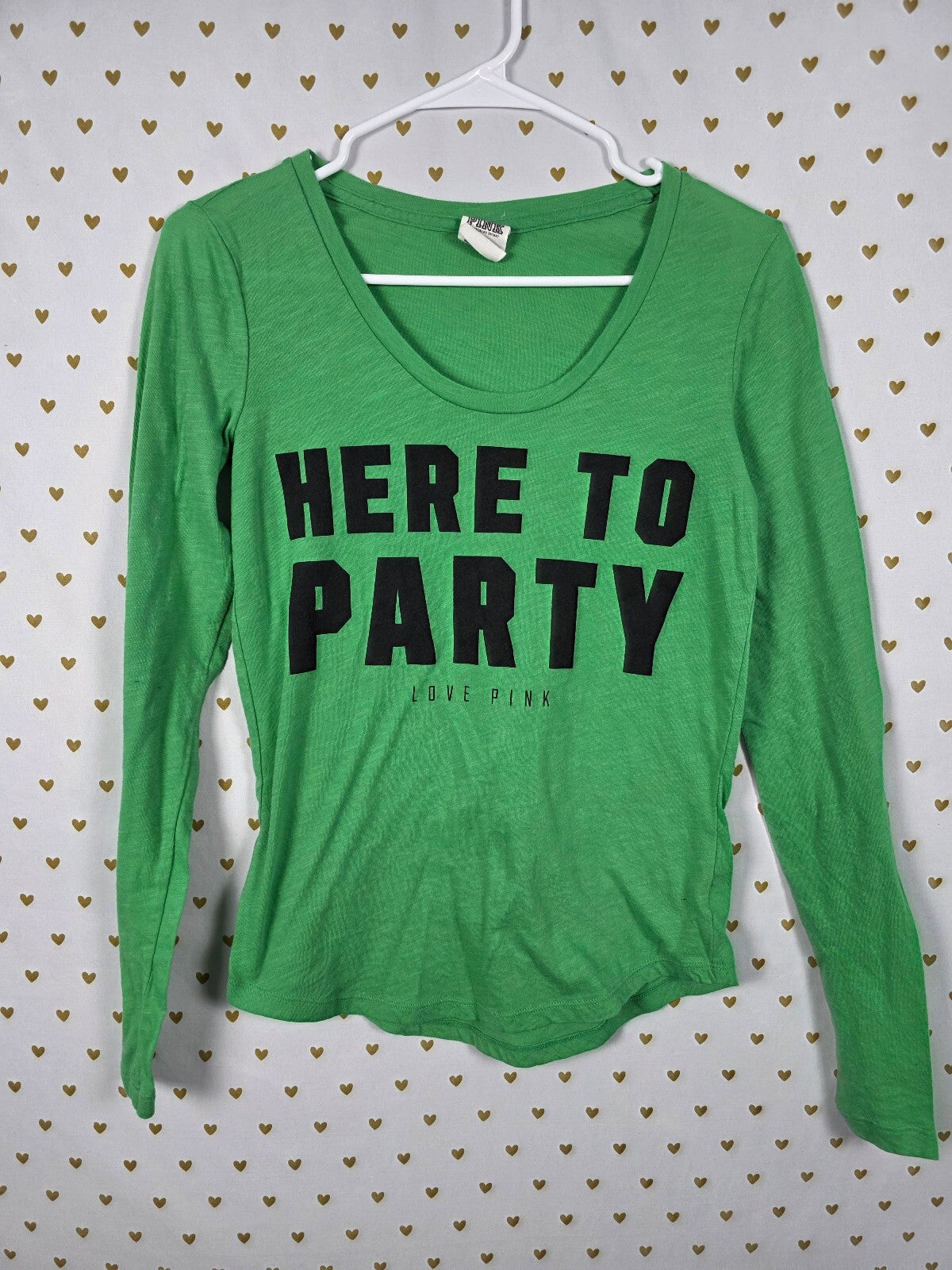PINK Victoria's Secret Here To Party Graphic Tee Long Sleeve Neon Green XS