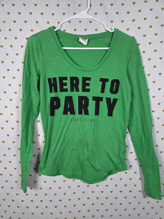 PINK Victoria's Secret Here To Party Graphic Tee Long Sleeve Neon Green XS