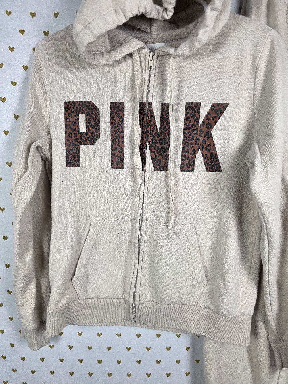 Victorias Secret Pink Cheetah Leopard Small Full zip Hoodie Jacket Sweats SET