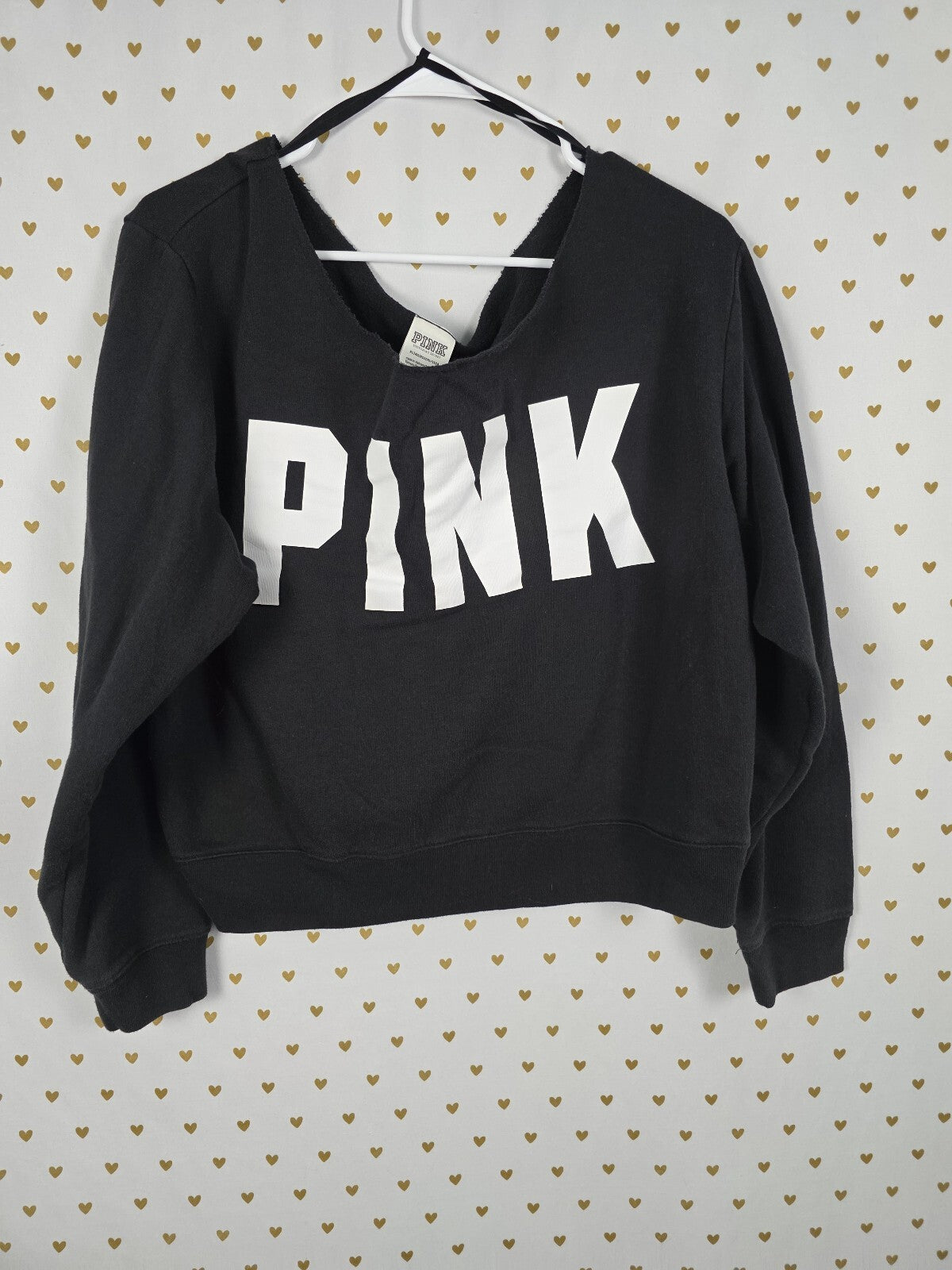 Victorias Secret Pink Slouchy Off Shoulder Logo Sweater shirt XL Black