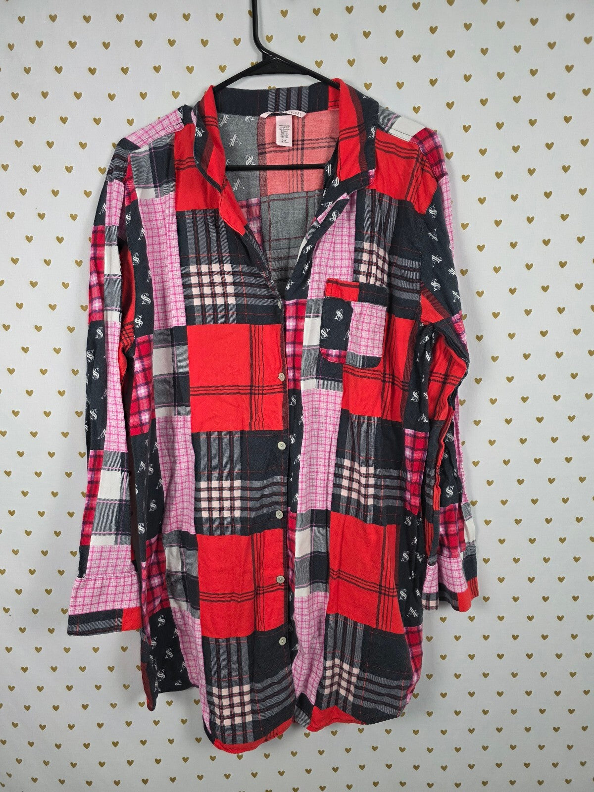 Victorias Secret Patchwork Button Down Long Sleep Shirt Nightgown Pajama Dress L