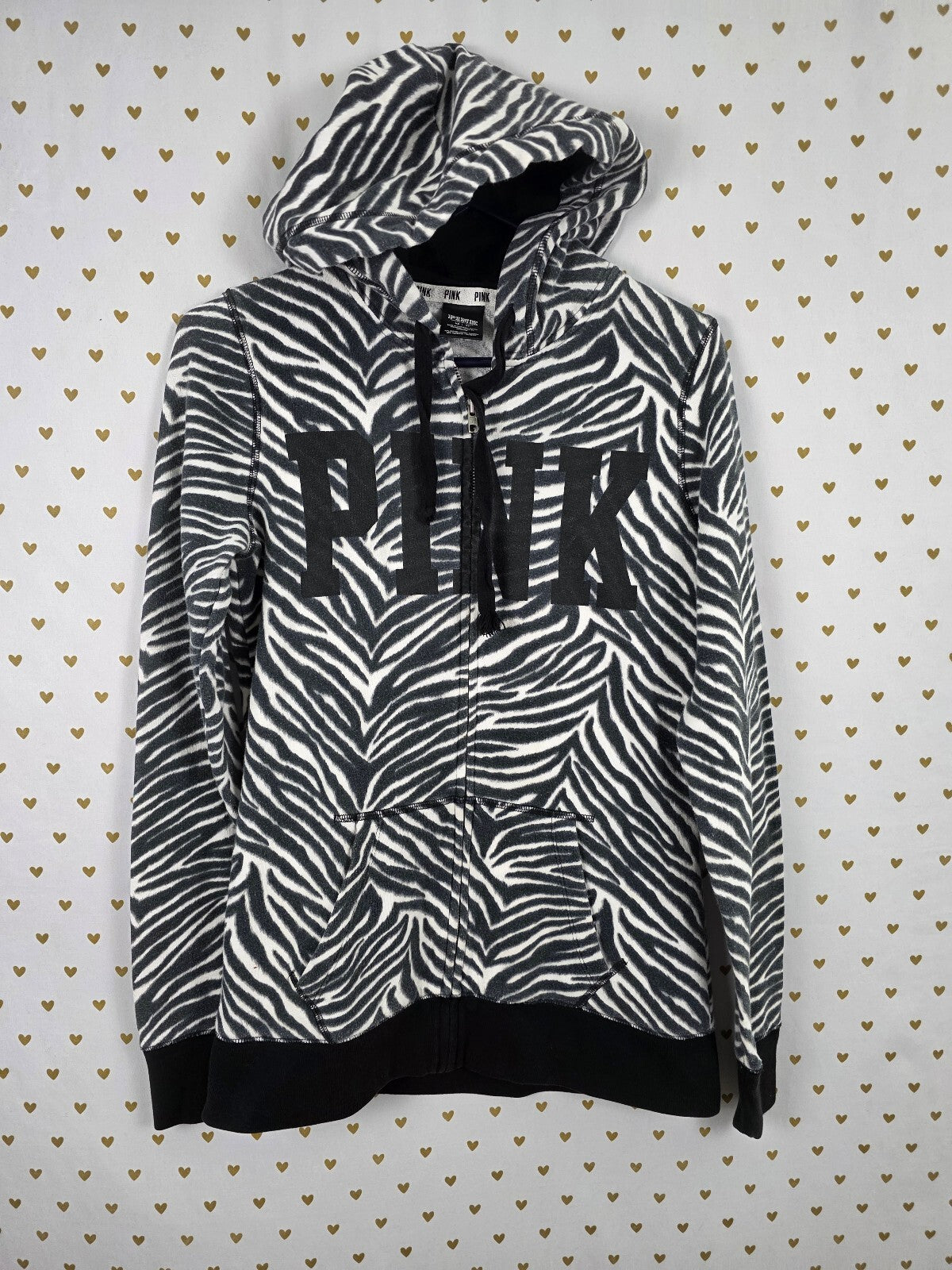 Victoria’s Secret PINK Zebra Print Full Zip Hoodie Black White XS Logo