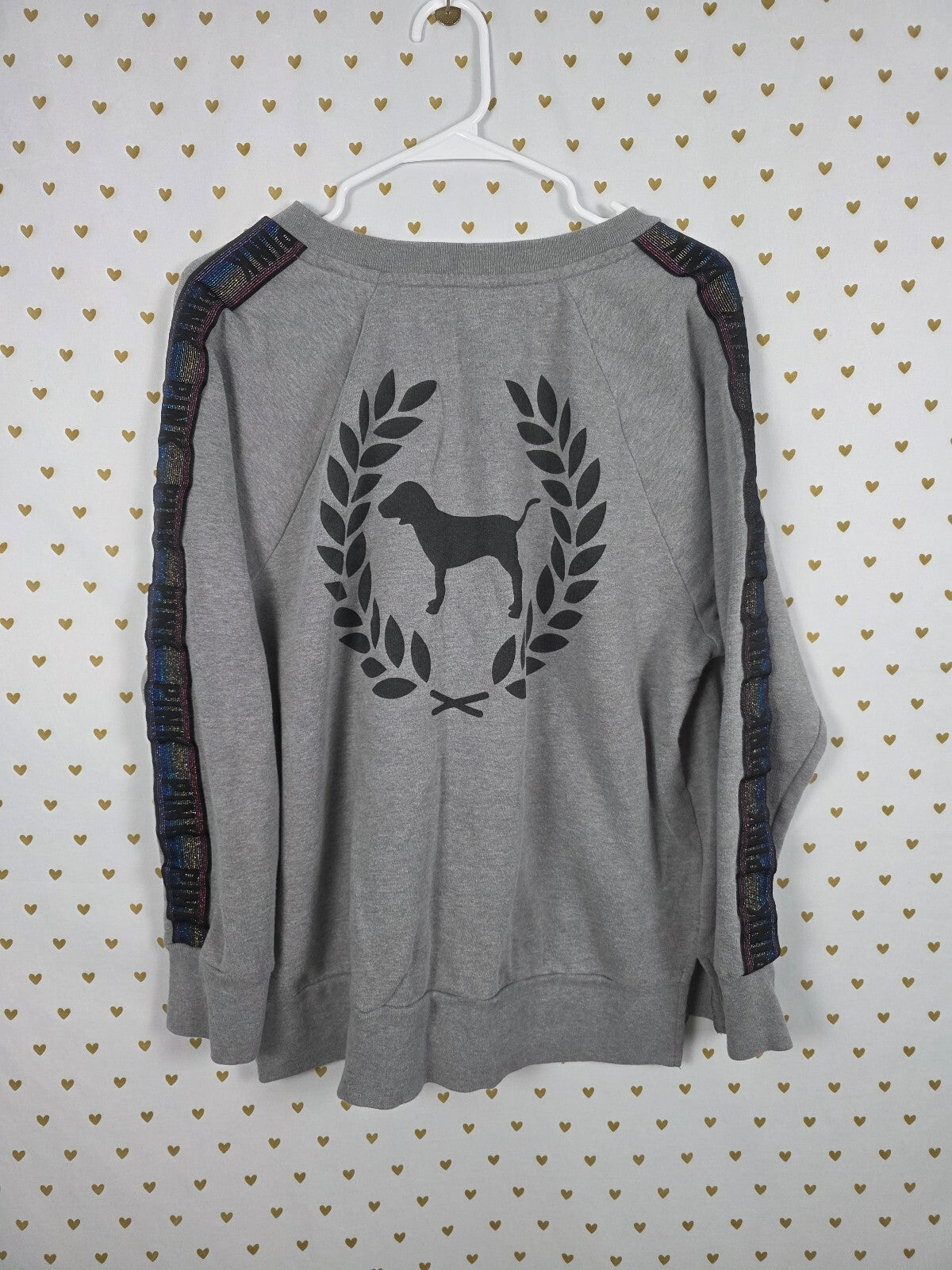 Victorias Secret Pink RAINBOW Crest Logo Sweater Crew Grey MEDIUM