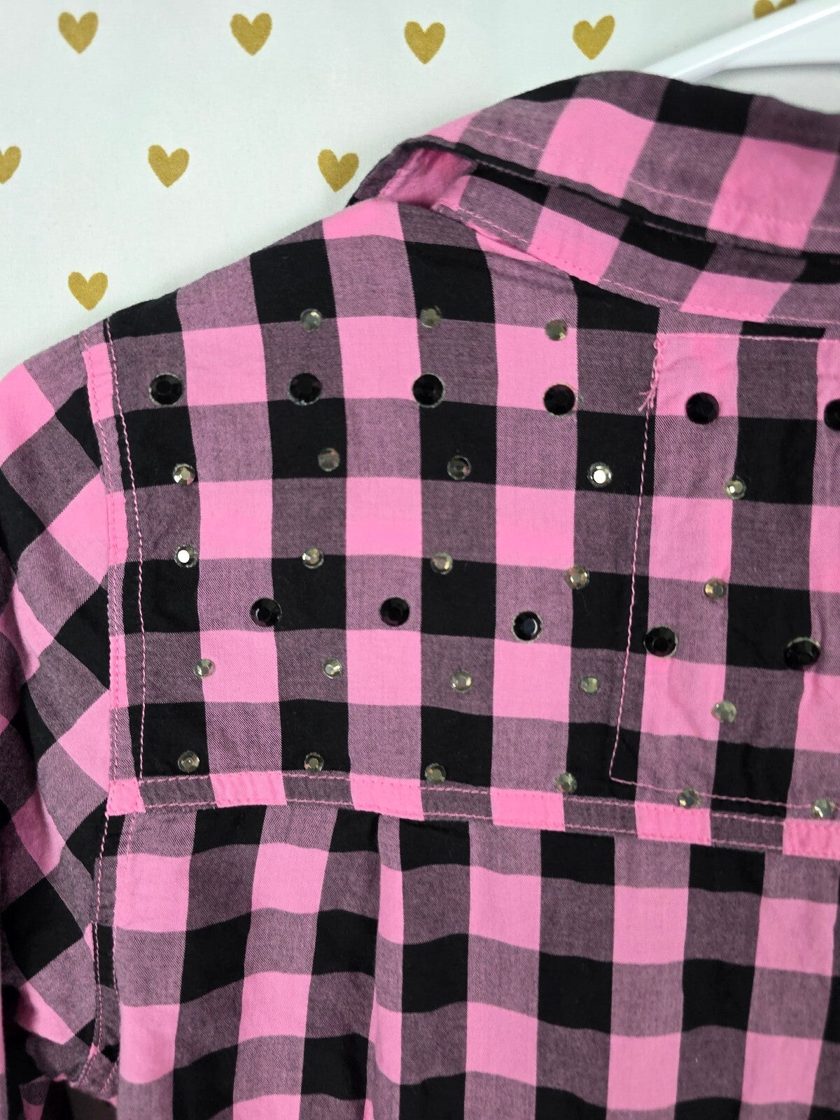 Victoria's Secret PINK Plaid Ruffle Shirt Dress S/P Pink Black BLING Rhinestone