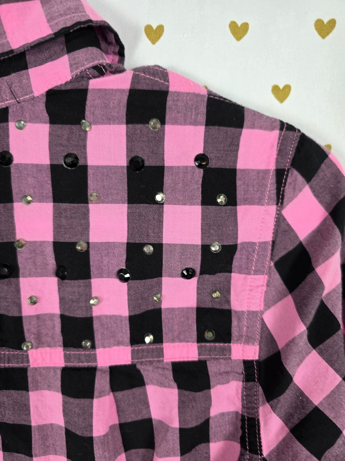 Victoria's Secret PINK Plaid Ruffle Shirt Dress S/P Pink Black BLING Rhinestone