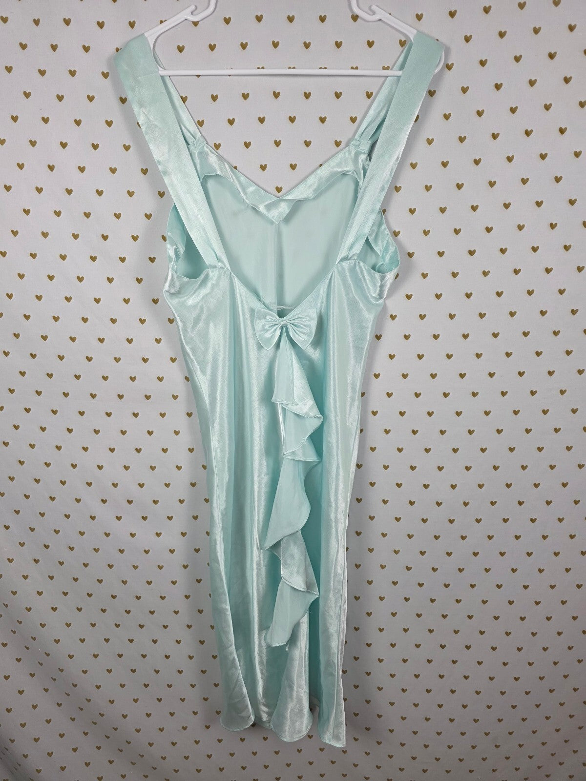 Vintage Victoria's Secret Gold Label Aqua Satin Gown Bow Back Ruffle Nightgown