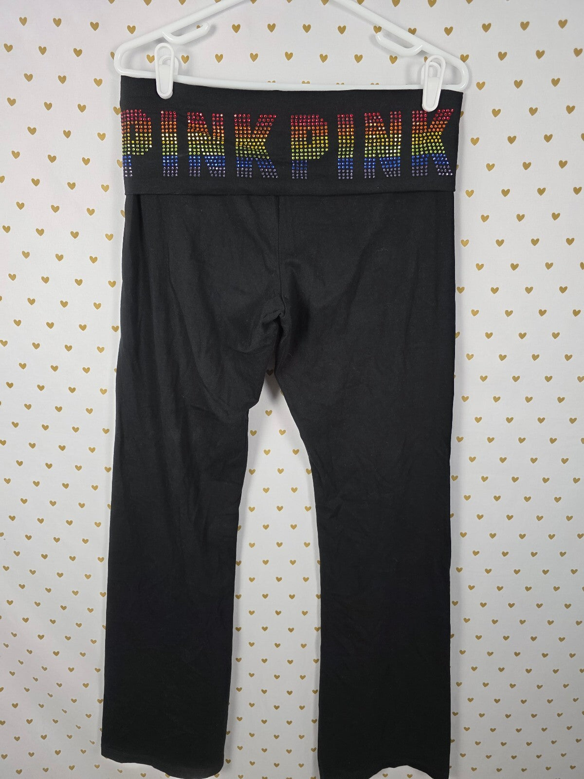 Victorias Secret PINK BLING Rainbow Studded FOLDOVER Yoga Pants LARGE Flared