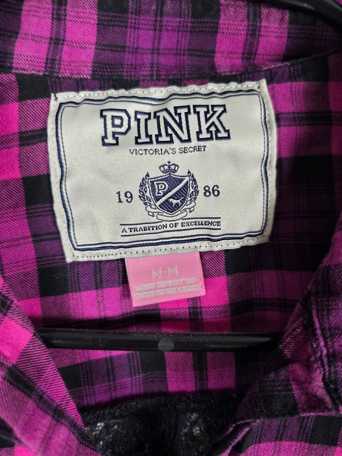 Victoria's Secret PINK Plaid Lace Back Button Down Shirt M Pink Black