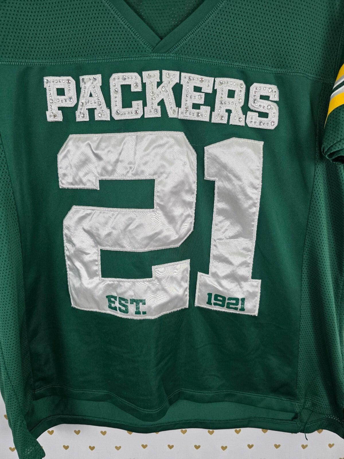 VS PINK Green Bay Packers 21 Jersey L NFL Rhinestone BLING 5th & Ocean
