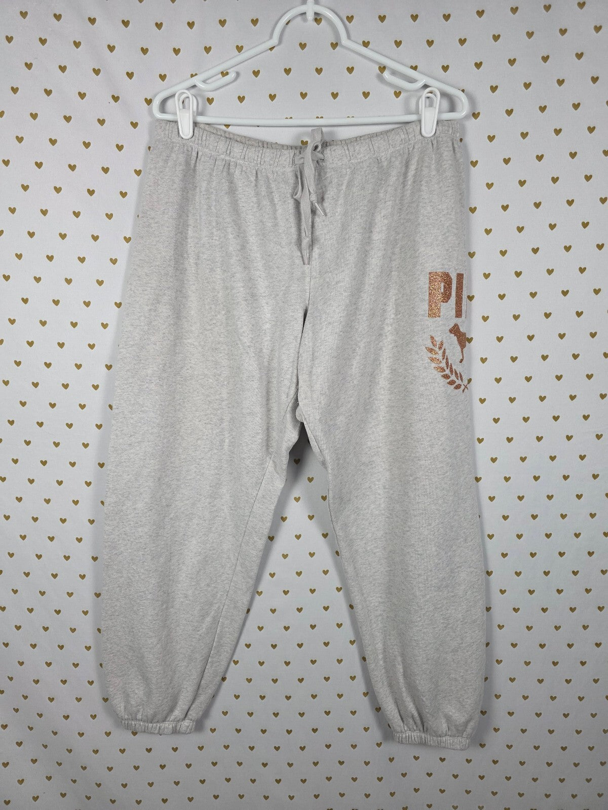Victorias Secret PINK Gold Bling Glitter Logo Sweats Sweatpants Crest Large