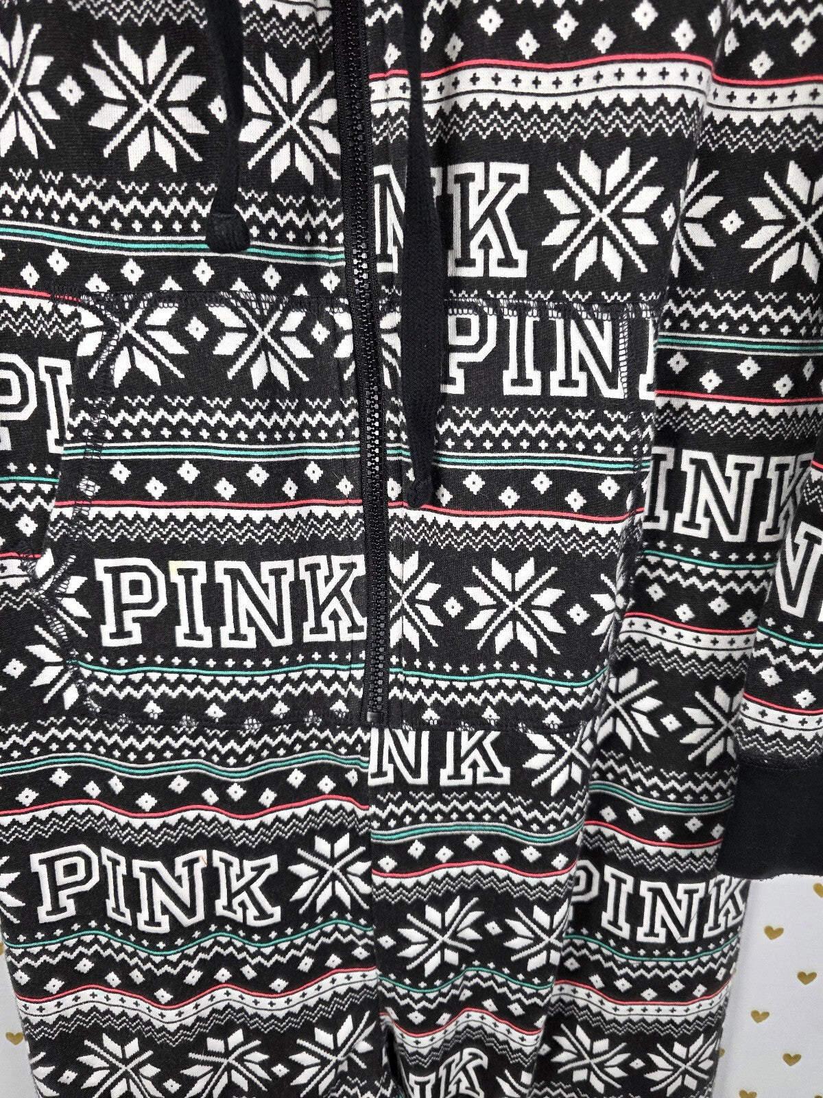 PINK Victoria's Secret XS Sherpa Lined Hooded One Piece Pajamas Fair Isle