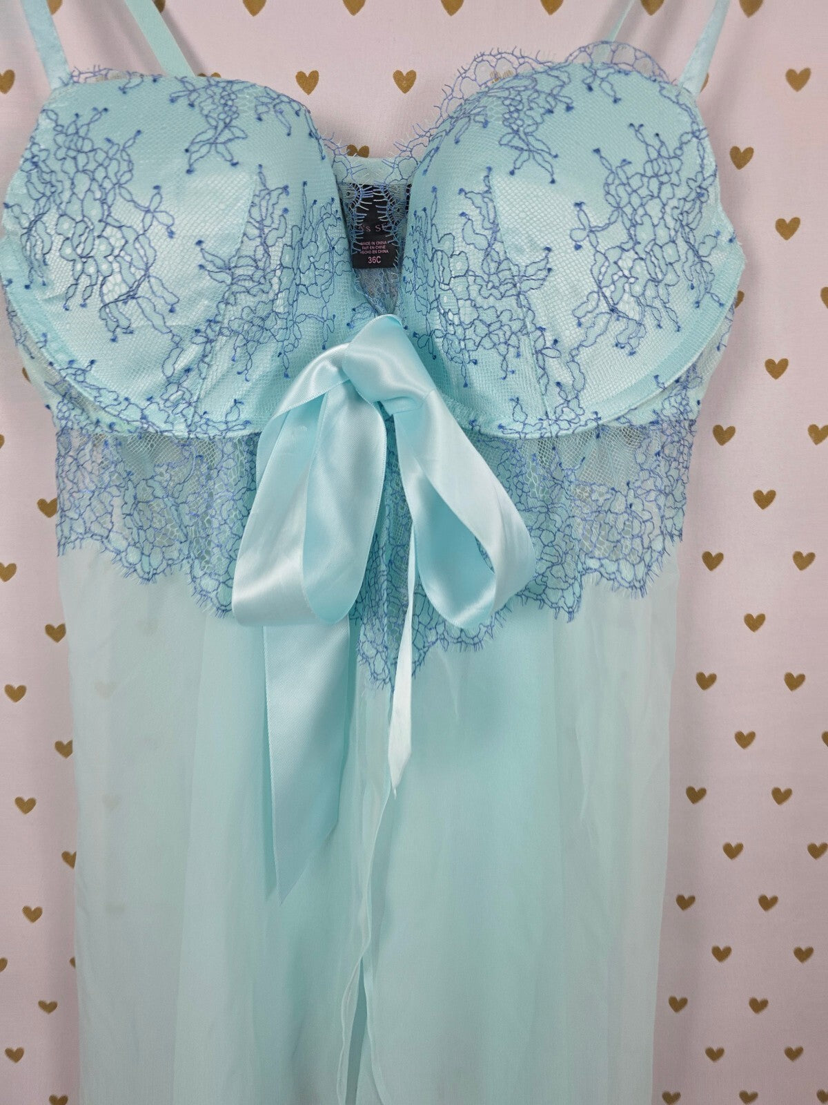 Victoria's Secret 36C Blue Lace Babydoll Chemise Lingerie Y2K Satin Bow