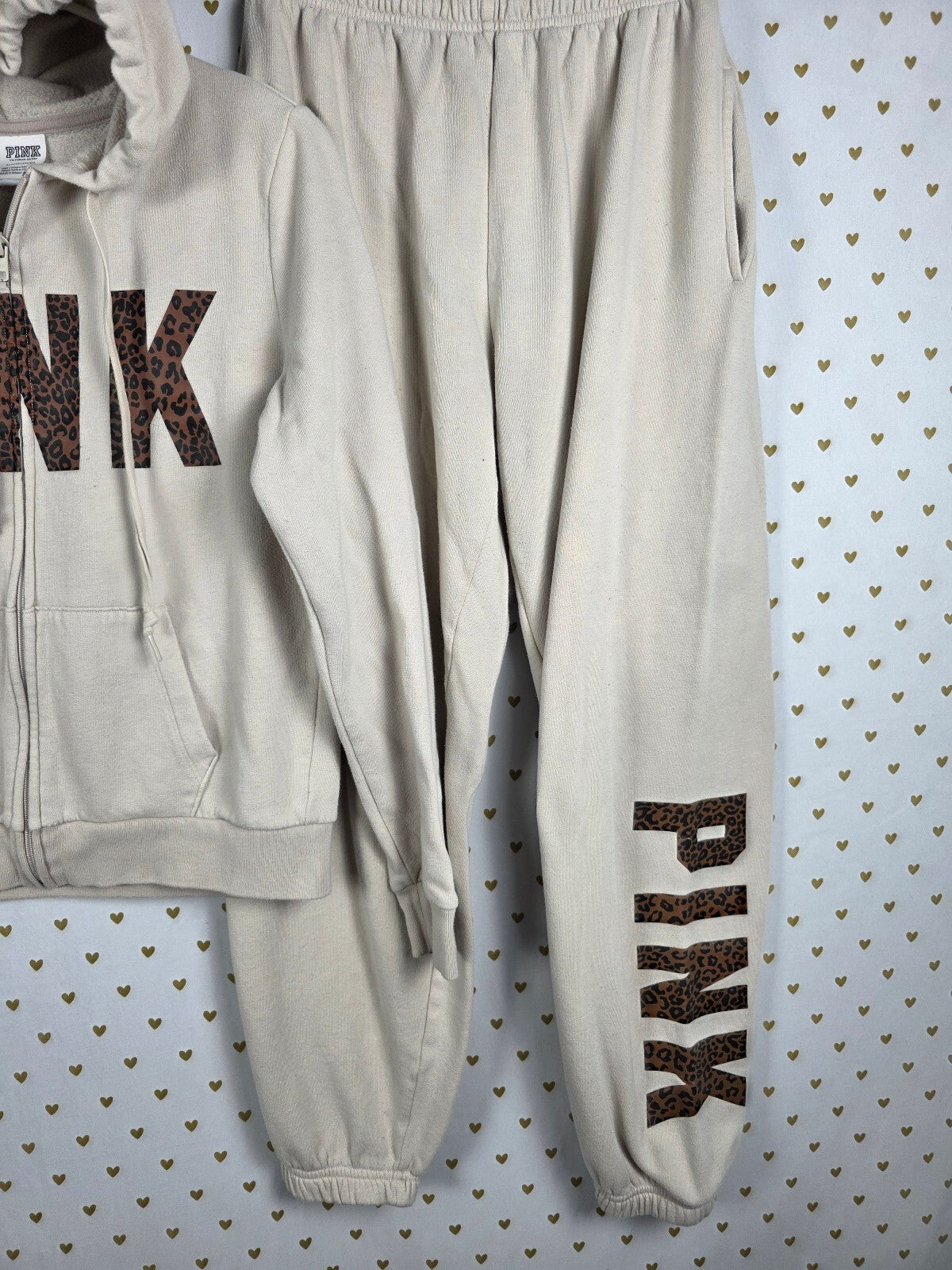 Victorias Secret Pink Cheetah Leopard Small Full zip Hoodie Jacket Sweats SET