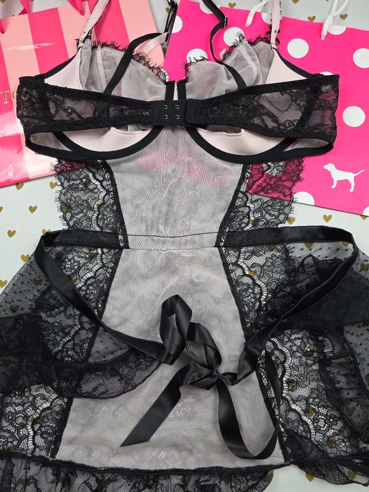 Victoria’s Secret Black Lace Corset Bustier Garter Lingerie XL Pink Ribbon