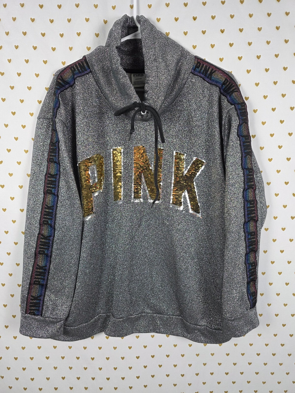 PINK Victoria's Secret Silver Rainbow Hoodie Gold Sequin Flip Large Y2K
