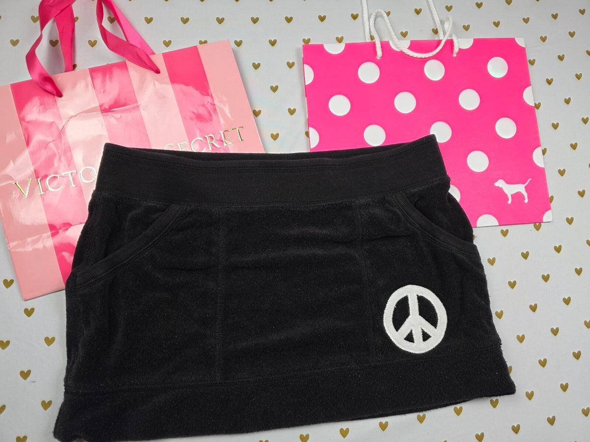 Vintage 2008 VS PINK Love Pink Velour Mini Skirt Peace Sign Black Small Y2K
