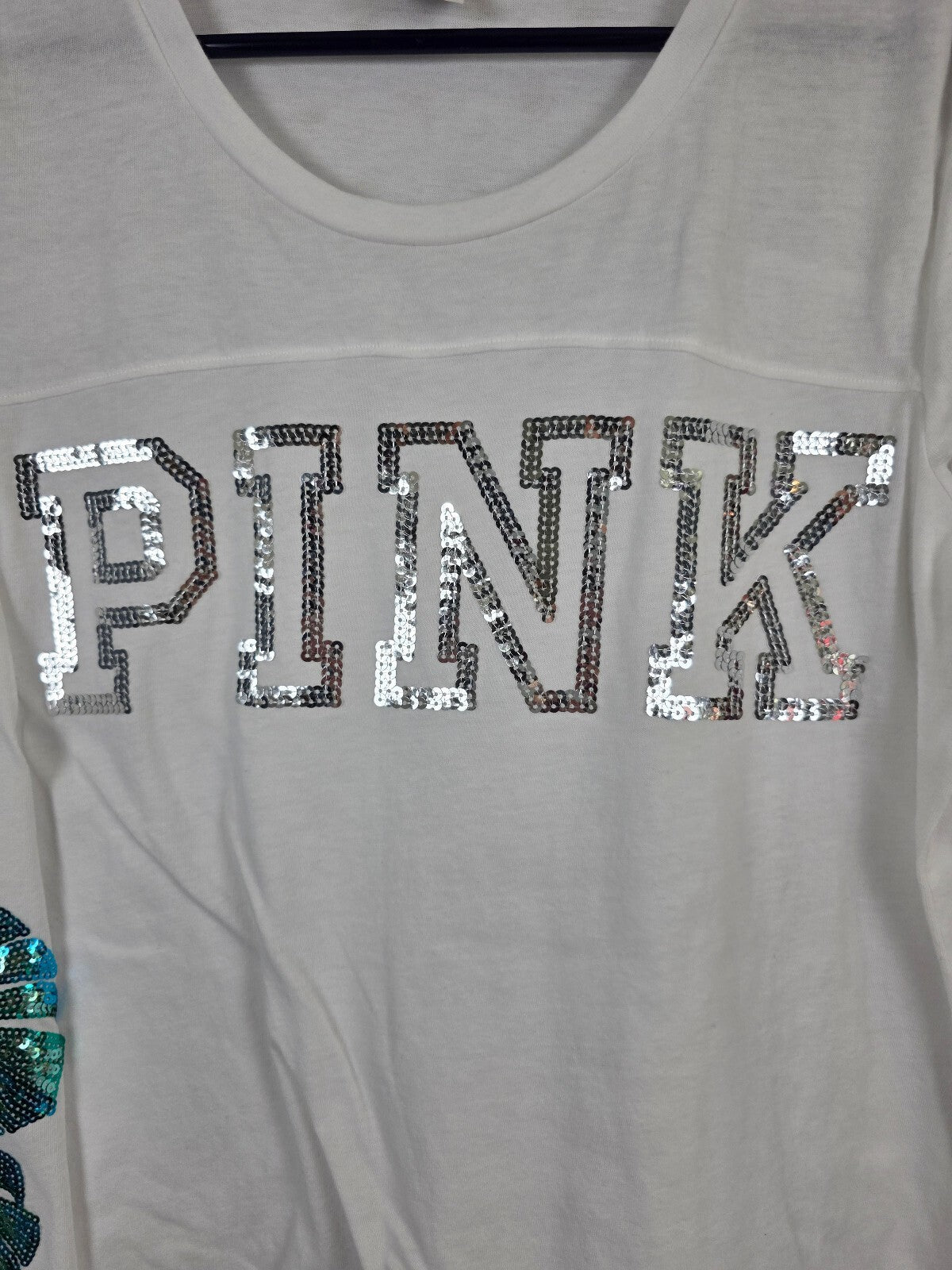 Victorias Secret PINK Rare Palm BLING Sequined Long Sleeve Tee shirt Large