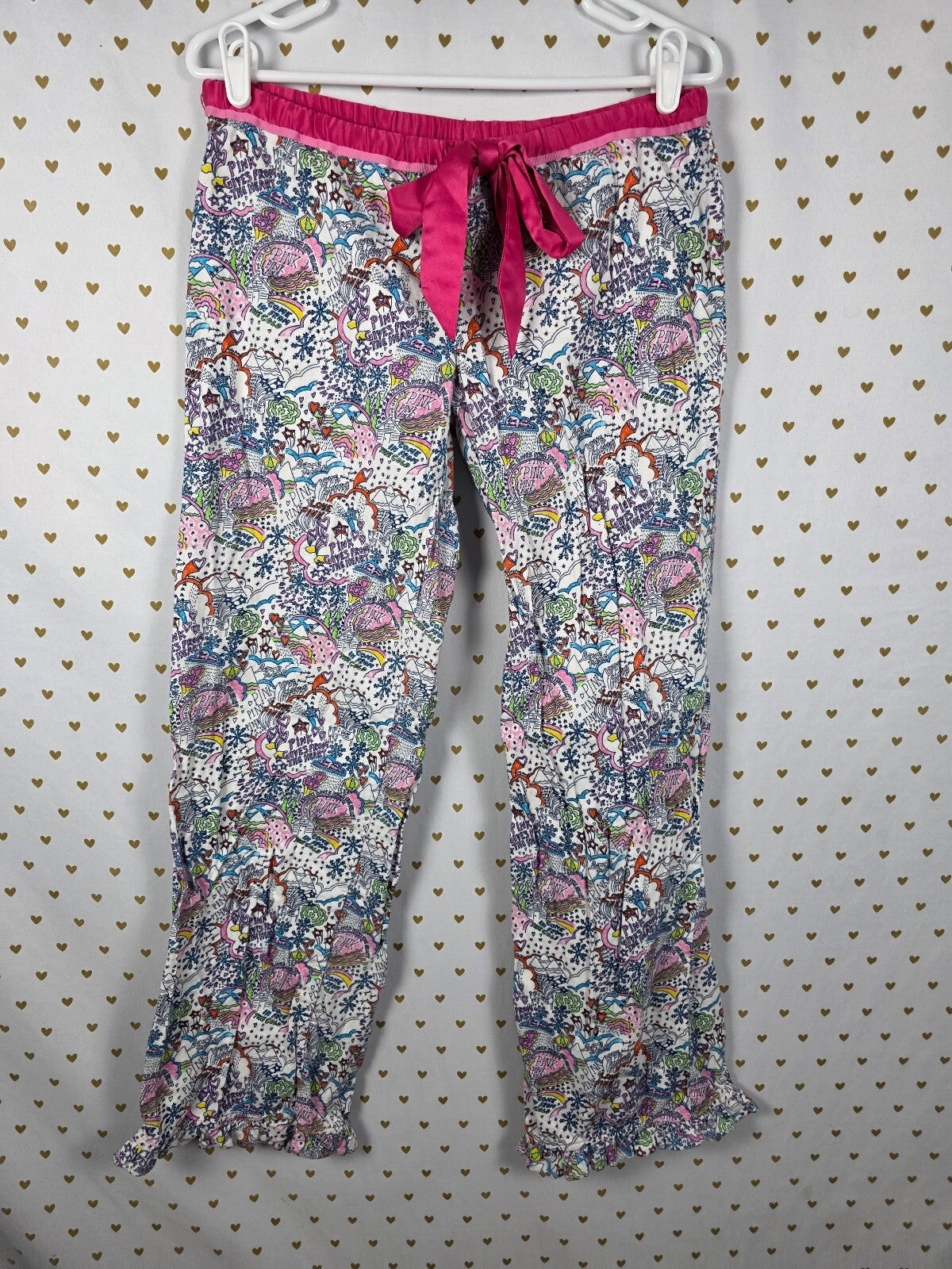 Victorias Secret Pink Vintage Doodle Ruffled XS  Sleep Pants Pajama PJ Bottoms