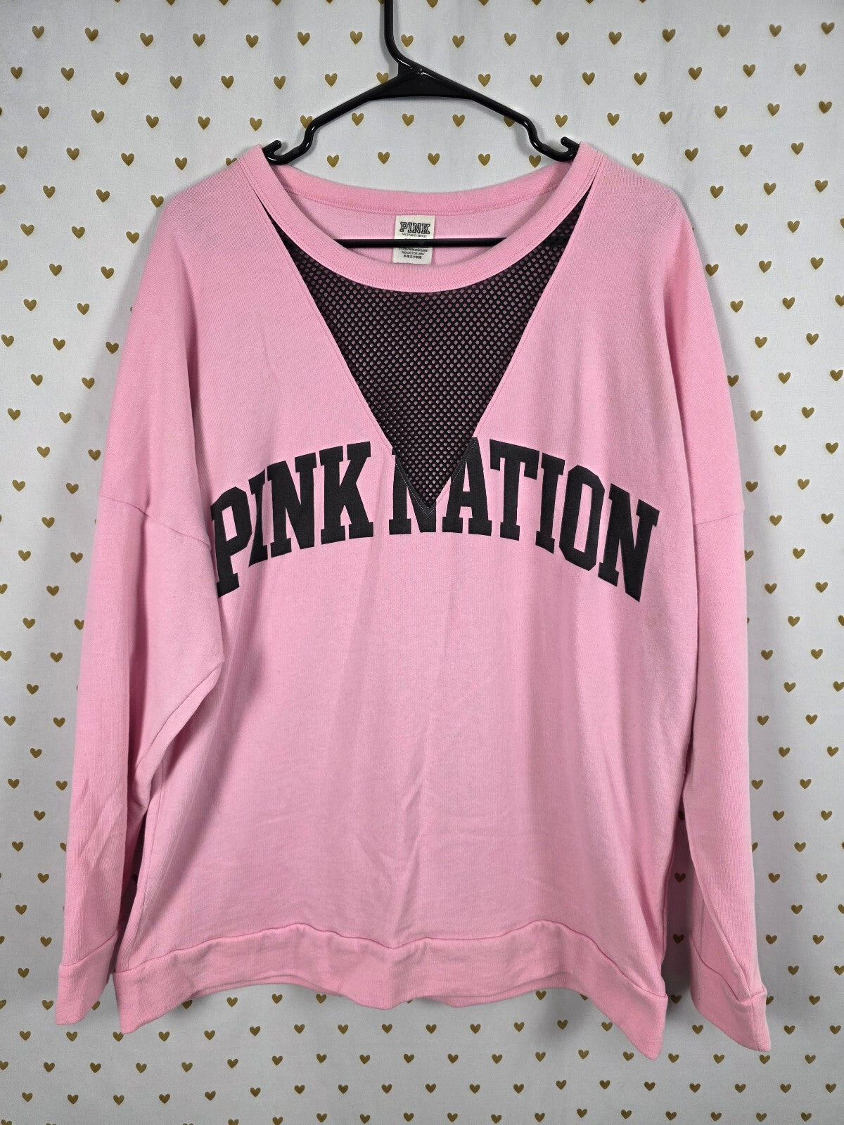 Victorias Secret PINK NATION Net V Neck Logo Sweater Shirt LARGE