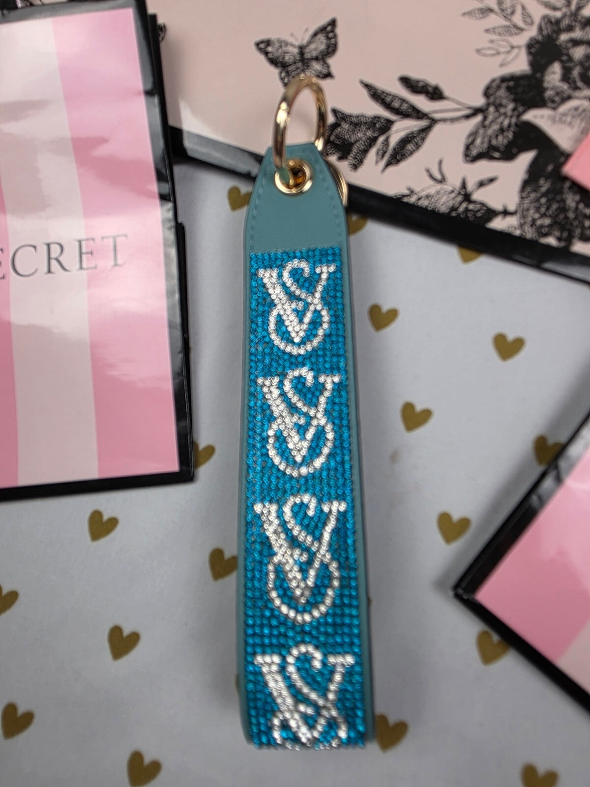 Victoria Secret BLING wristlet strap keychain Logo Studded Handle Rhinestone