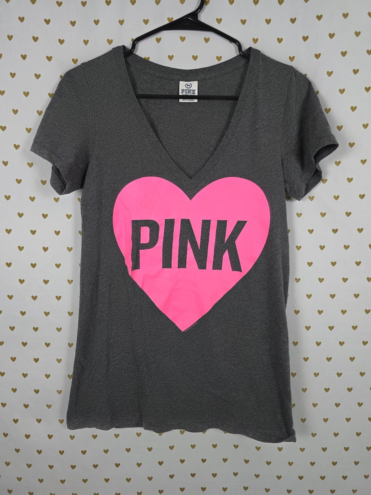 Victorias Secret PINK Vintage Heart Grey Y2k tee shirt V neck Medium