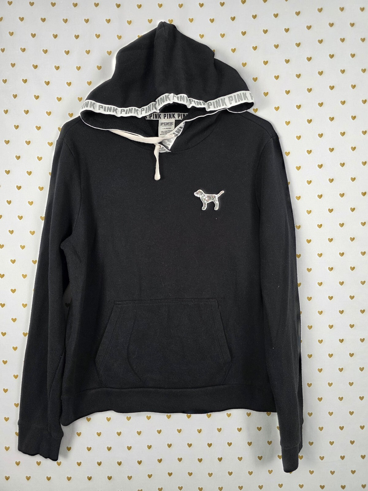 Victorias Secret Pink BLING SEQUINED DOG Pullover Hoodie Sweater LARGE