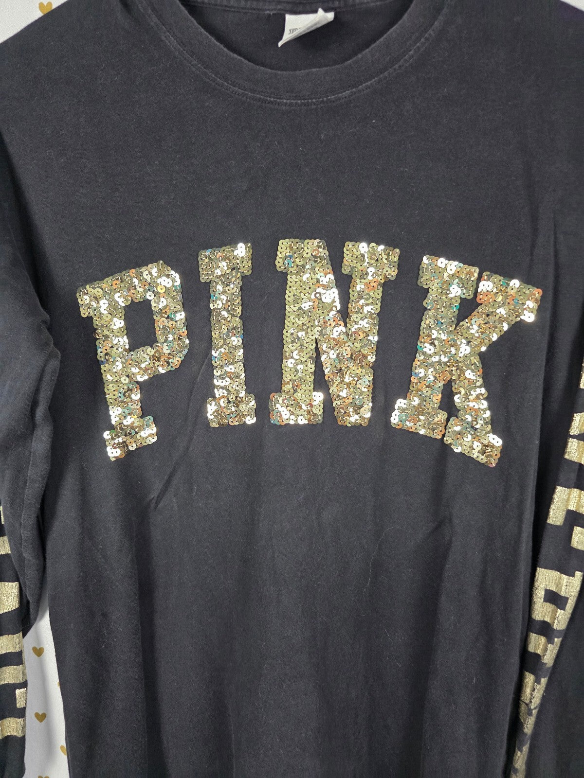 Victorias Secret PINK Gold Bling Sequined Long Sleeve Tee shirt Small
