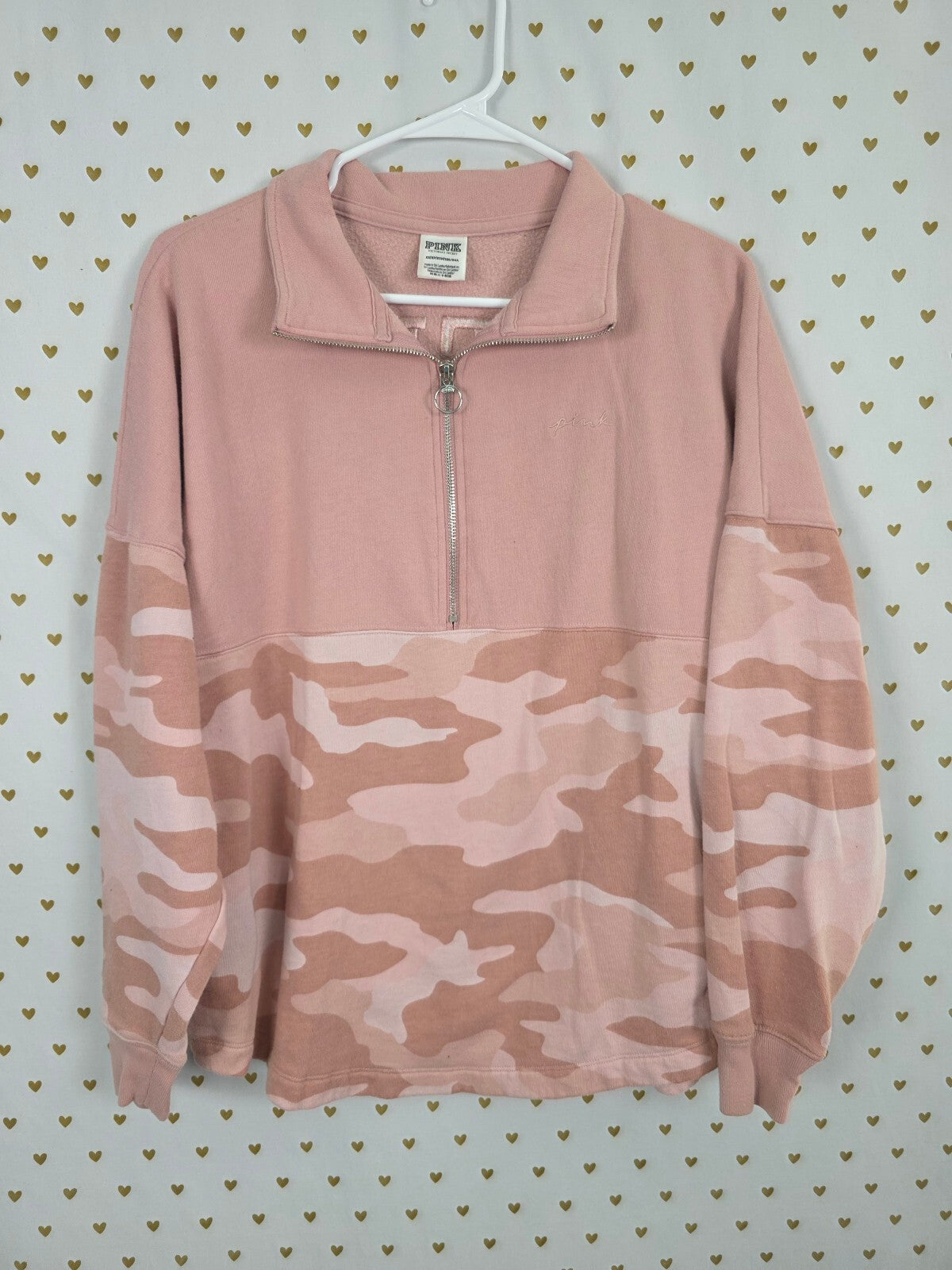 Victorias Secret Pink Embroidered Quarter Zip Sweater Shirt XS Oversized