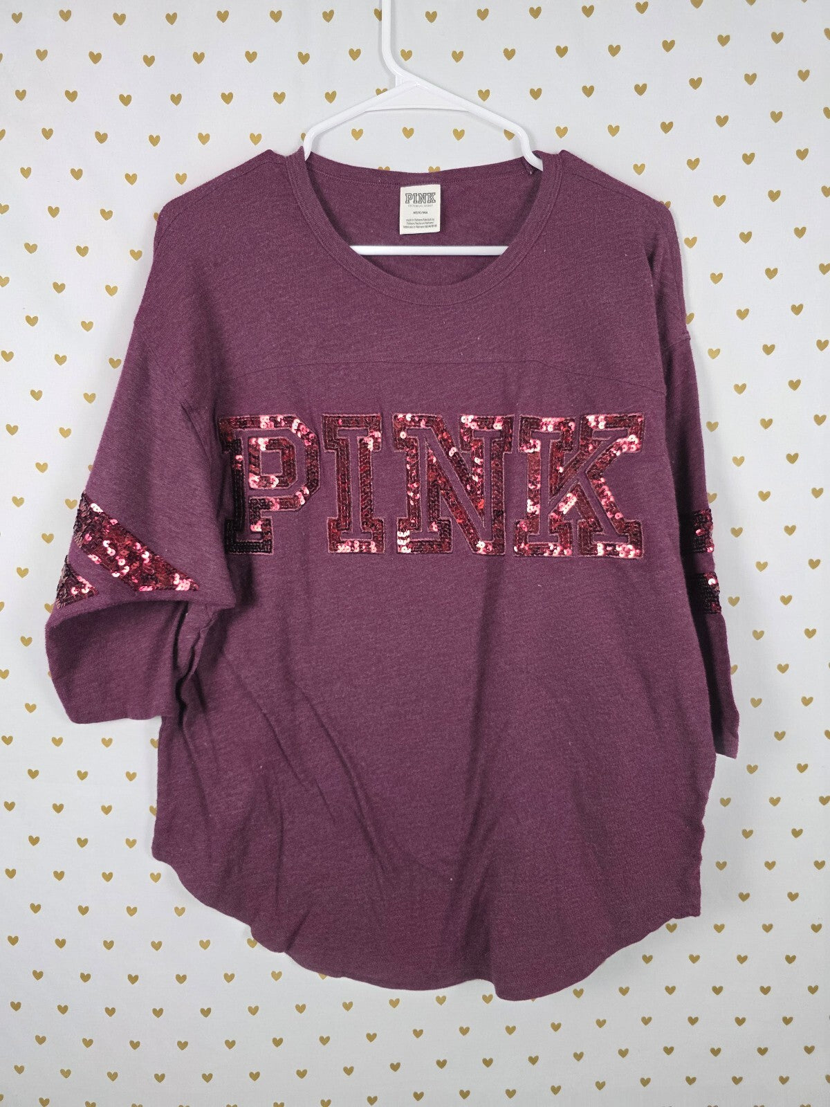 Victorias Secret PINK Maroon BLING Sequin Tee shirt MEDIUM