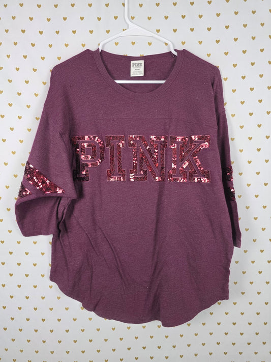 Victorias Secret PINK Maroon BLING Sequin Tee shirt MEDIUM