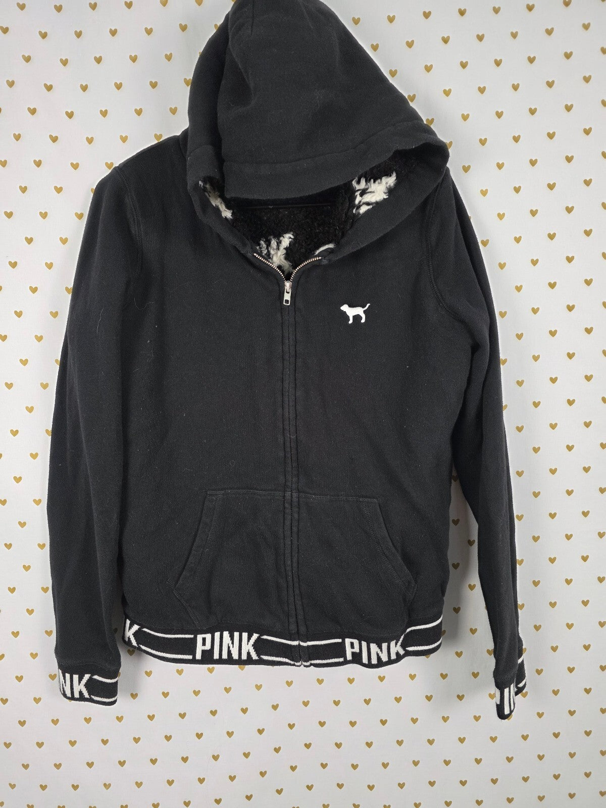 PINK Victoria's Secret Sherpa FUR Lined Hoodie Black Full Zip Logo Jacket Medium