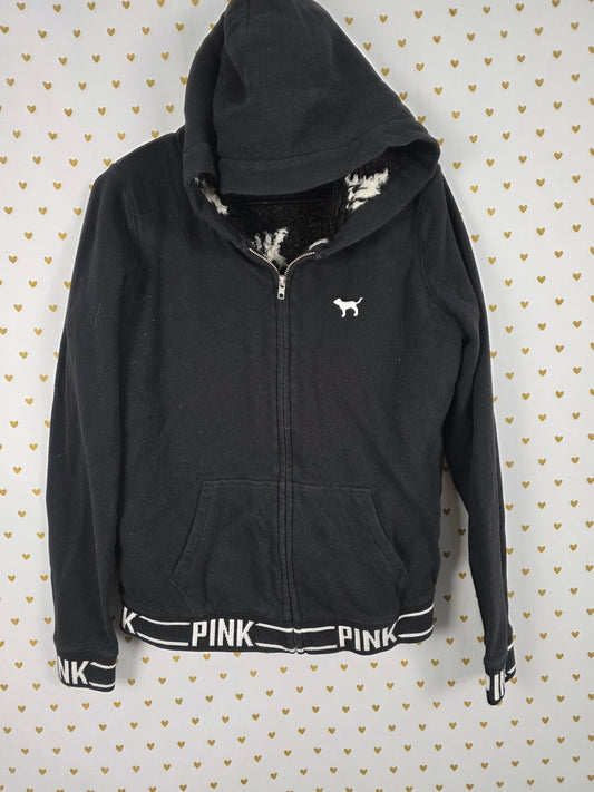 PINK Victoria's Secret Sherpa FUR Lined Hoodie Black Full Zip Logo Jacket Medium