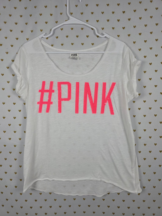 Victoria's Secret PINK Sequin #PINK Tee Large White Neon Pink BLING Logo Shirt