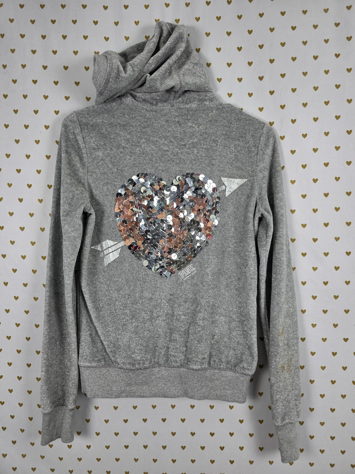 Victorias Secret Pink Bling Thread Full zip Heart Sequined Hoodie Jacket XS