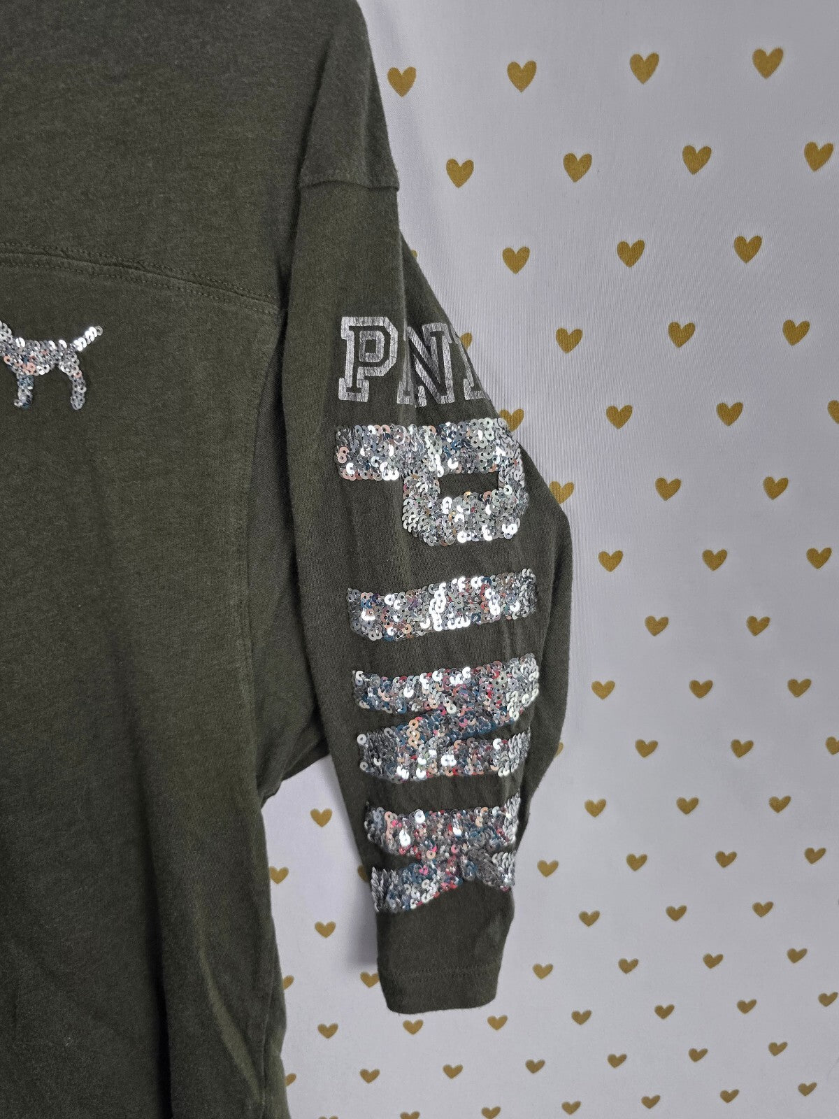 Victorias Secret PINK Green Bling Quarter Sleeve Sequined Tee shirt Small