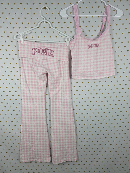 Victorias Secret PINK LOVESHACKFANCY Foldover Flare Yoga Pants Tank SET Gingham